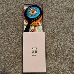 Korean Embroidered Hand Mirror with Floral Motif - Turquoise & Black
